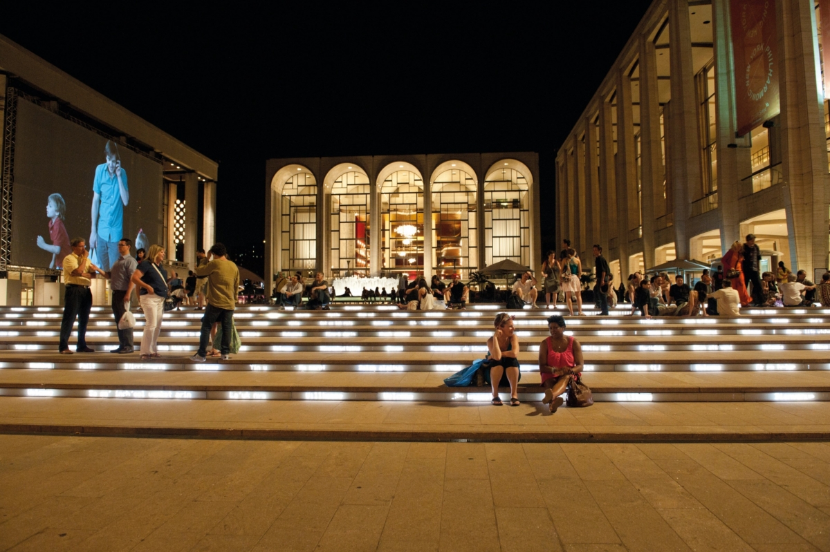 Lincoln Center for the Performing Arts Public Spaces and Infoscape — Grand entry LED stairs on Columbus Avenue